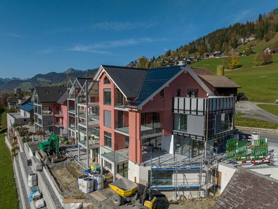Wohngebäude mit Balkonen und moderner Fassadenlösung in alpiner Umgebung